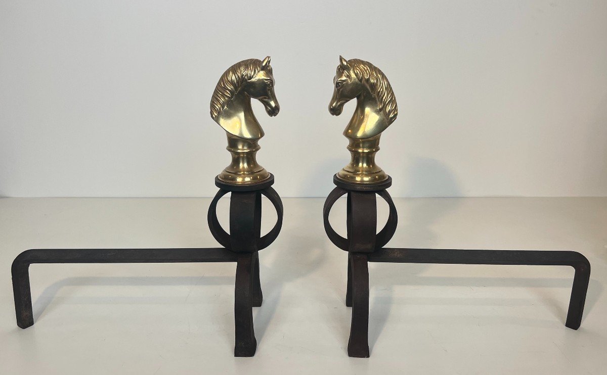 Important Pair Of Bronze And Wrought Iron Andirons Representing Horse Heads. French Work. -photo-4