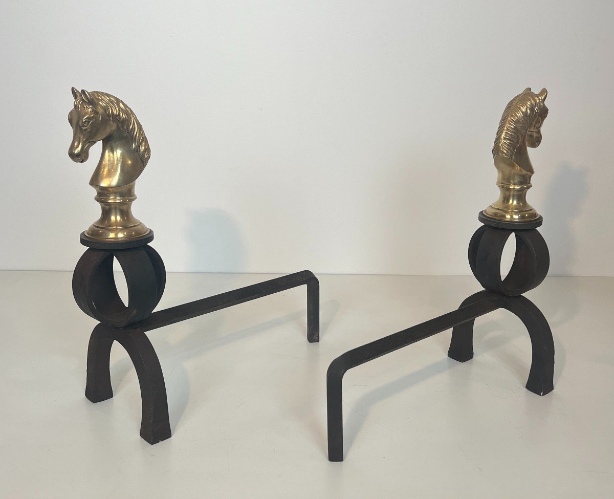 Important Pair Of Bronze And Wrought Iron Andirons Representing Horse Heads. French Work. -photo-1