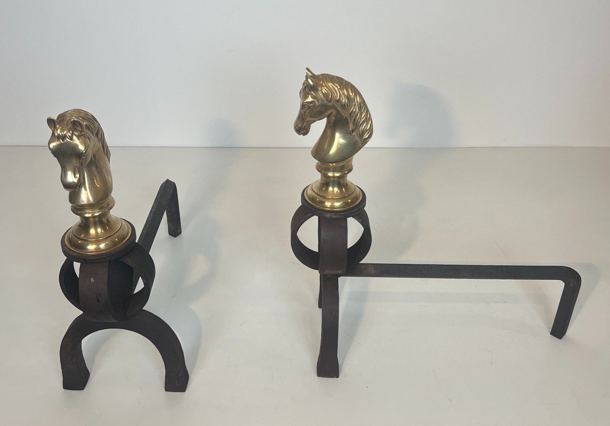 Important Pair Of Bronze And Wrought Iron Andirons Representing Horse Heads. French Work. -photo-2