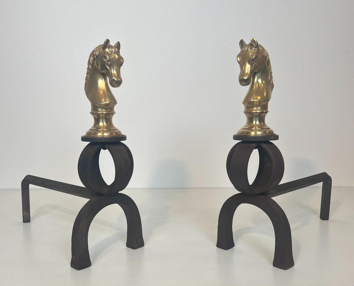 Important Pair Of Bronze And Wrought Iron Andirons Representing Horse Heads. French Work. -photo-8