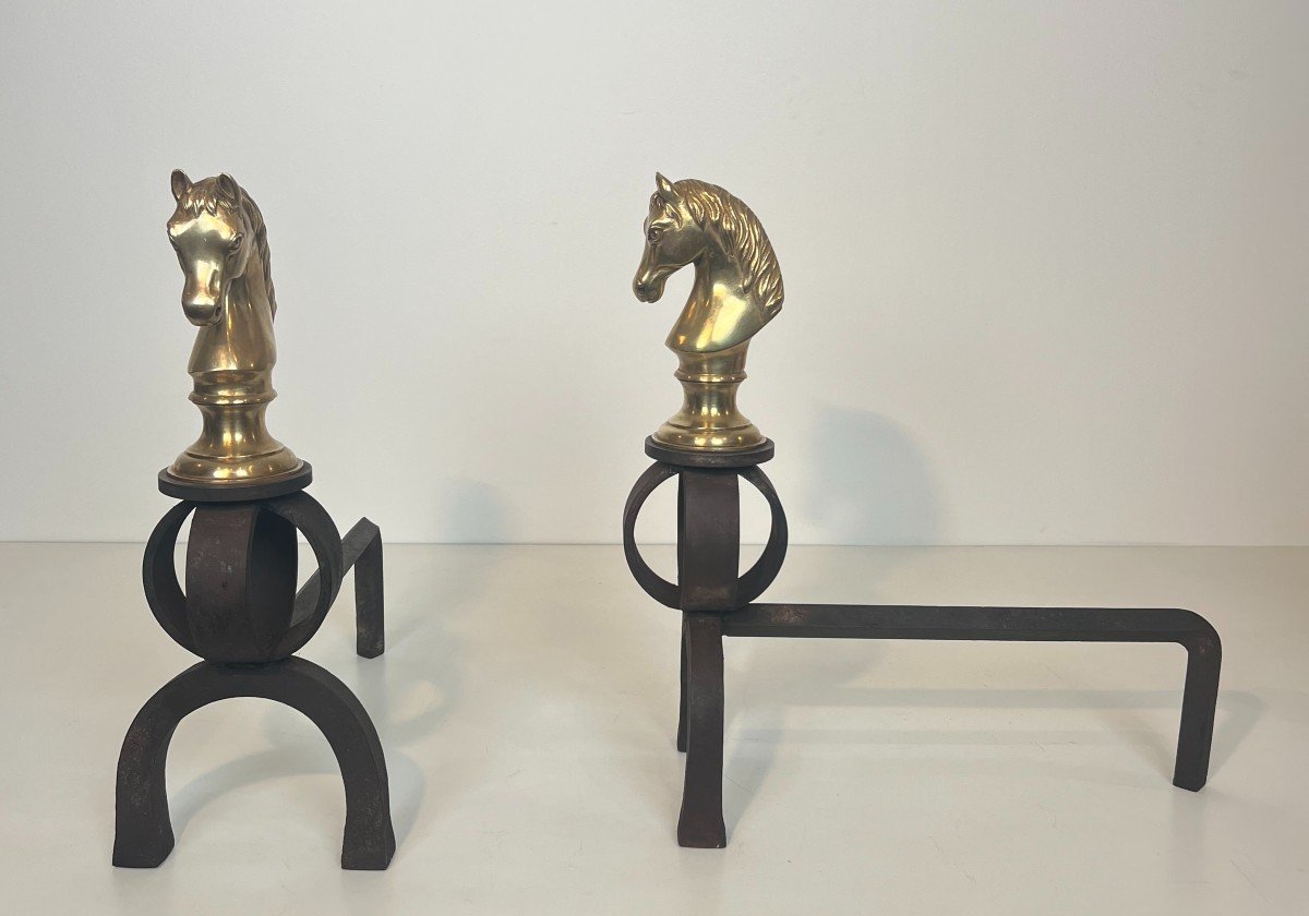 Important Pair Of Bronze And Wrought Iron Andirons Representing Horse Heads. French Work. 