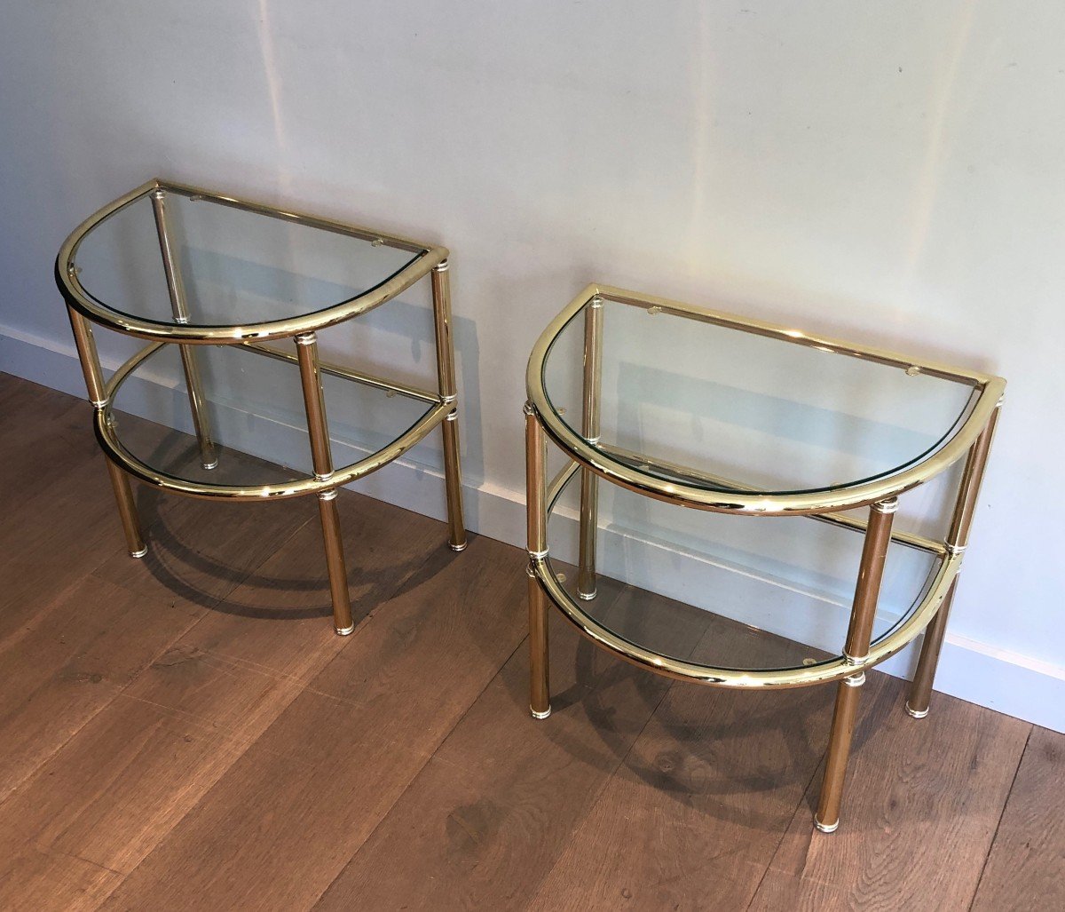 Pair Of Rounded Brass And Silvered Side Tables. French Work. Circa 1970-photo-2