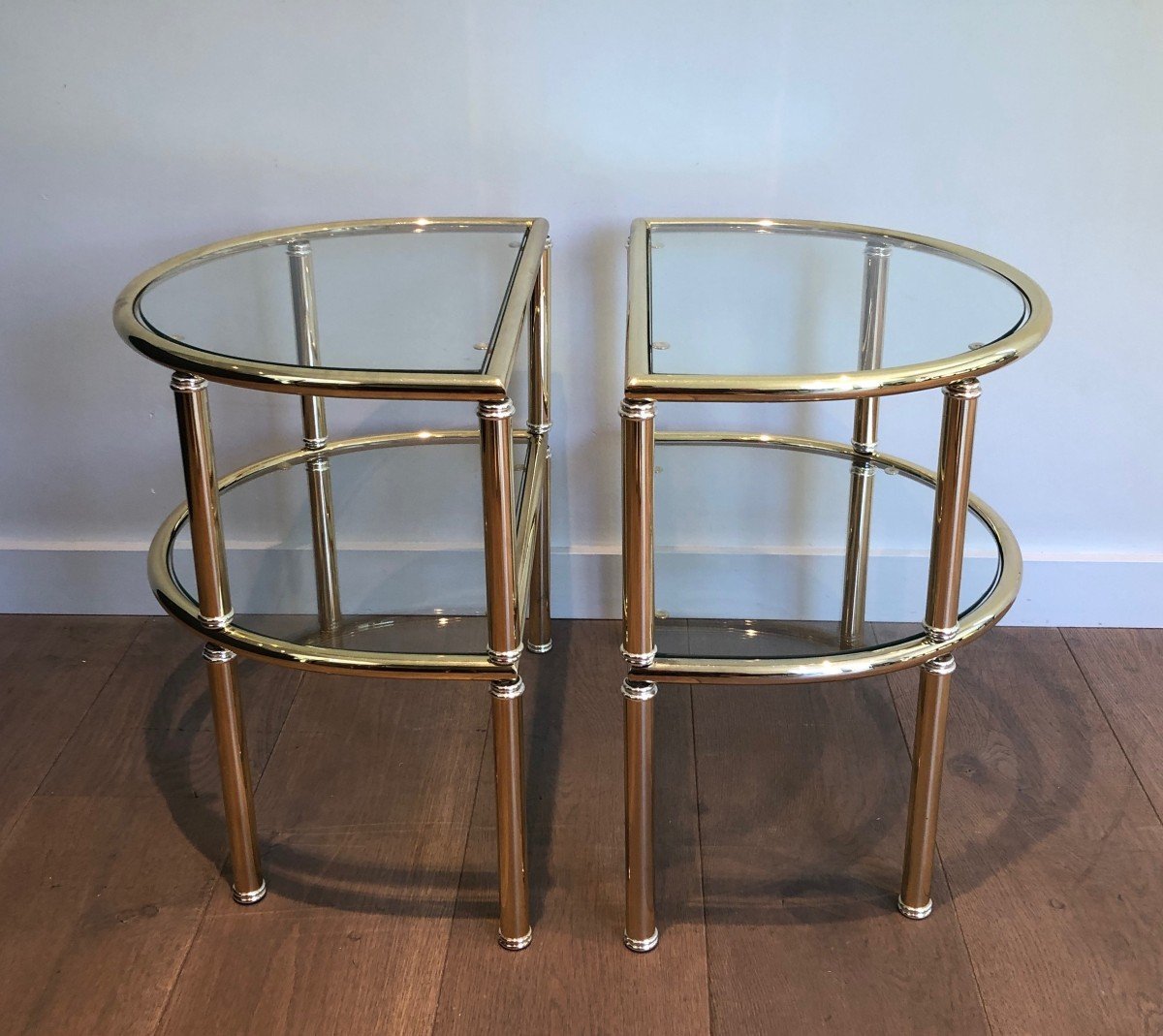 Pair Of Rounded Brass And Silvered Side Tables. French Work. Circa 1970-photo-3