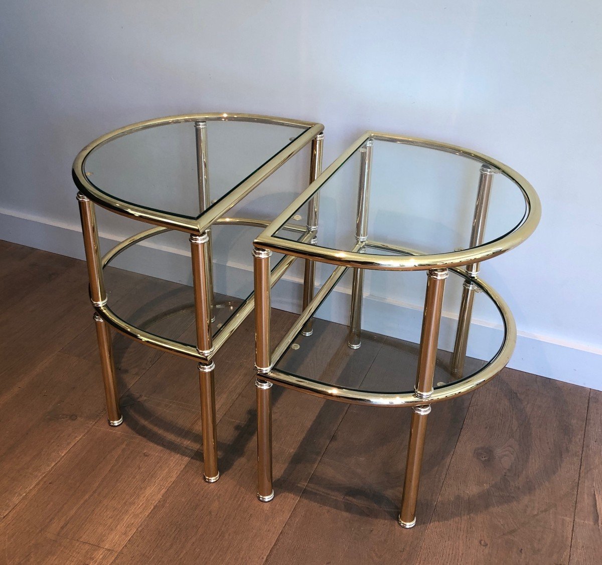 Pair Of Rounded Brass And Silvered Side Tables. French Work. Circa 1970-photo-4