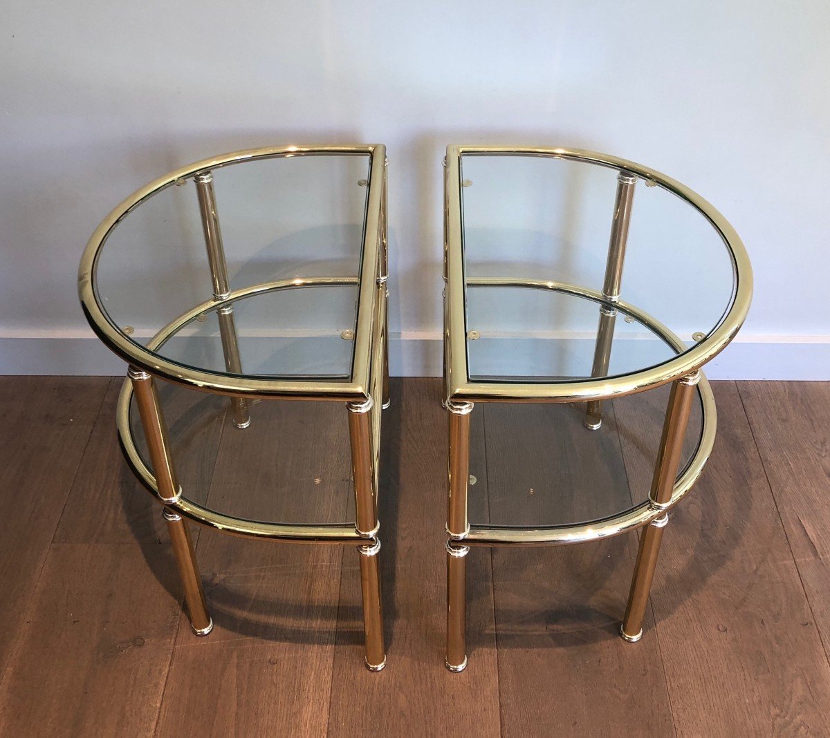 Pair Of Rounded Brass And Silvered Side Tables. French Work. Circa 1970-photo-1