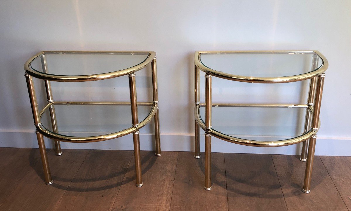 Pair Of Rounded Brass And Silvered Side Tables. French Work. Circa 1970-photo-8