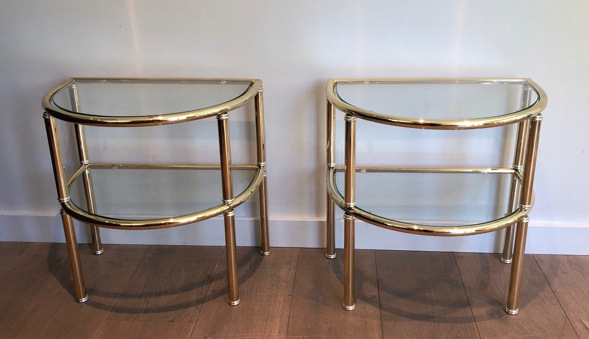 Pair Of Rounded Brass And Silvered Side Tables. French Work. Circa 1970