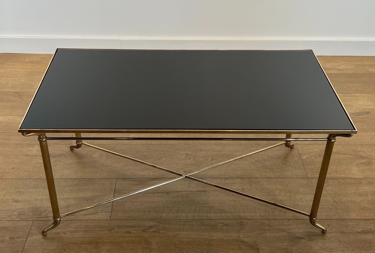 Rectangular Brass Coffee Table With Black Lacquered Glass Top. French Work In The Style Of Mais-photo-2