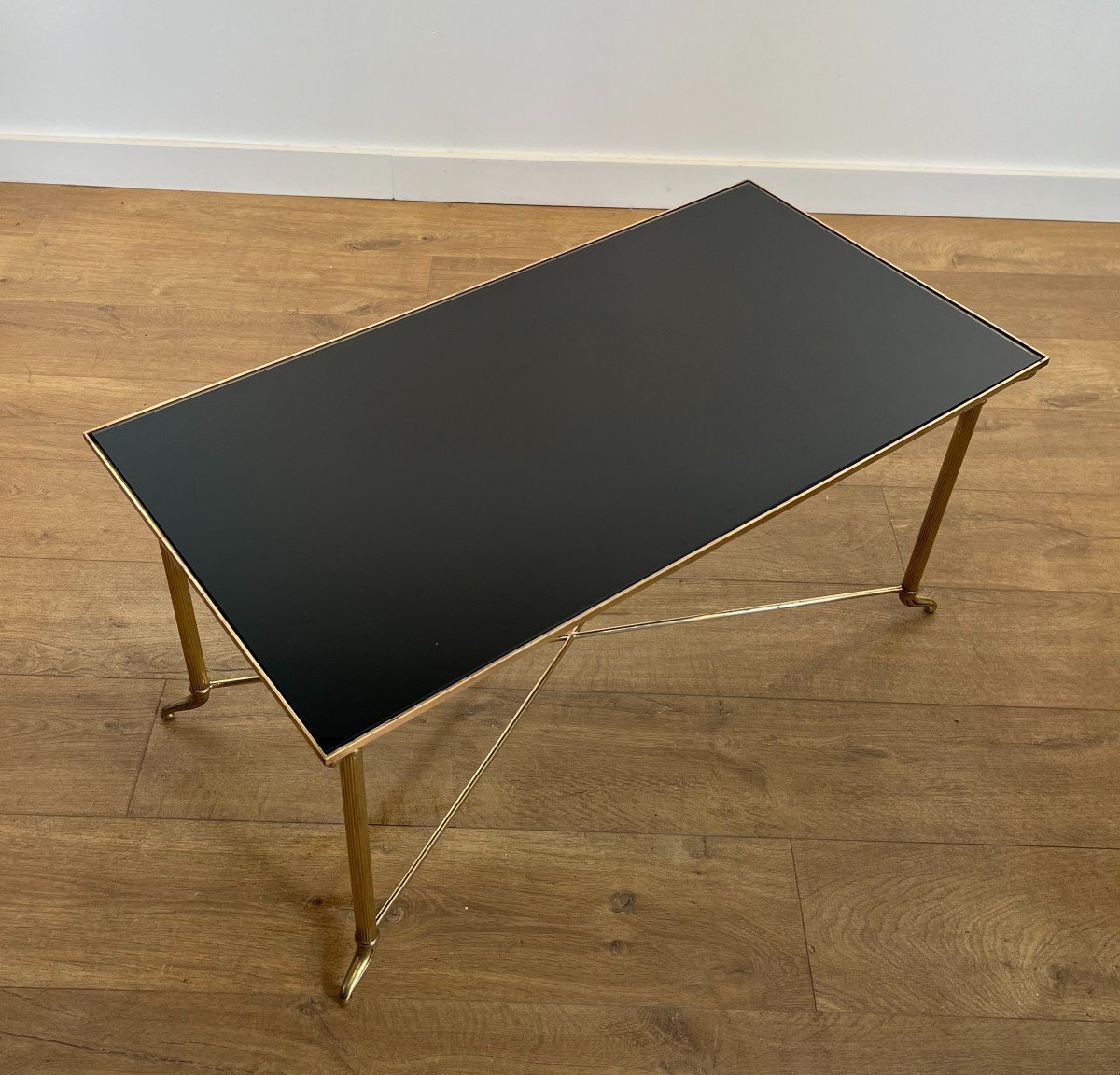 Rectangular Brass Coffee Table With Black Lacquered Glass Top. French Work In The Style Of Mais-photo-4