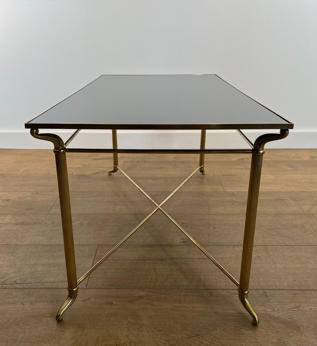 Rectangular Brass Coffee Table With Black Lacquered Glass Top. French Work In The Style Of Mais-photo-3