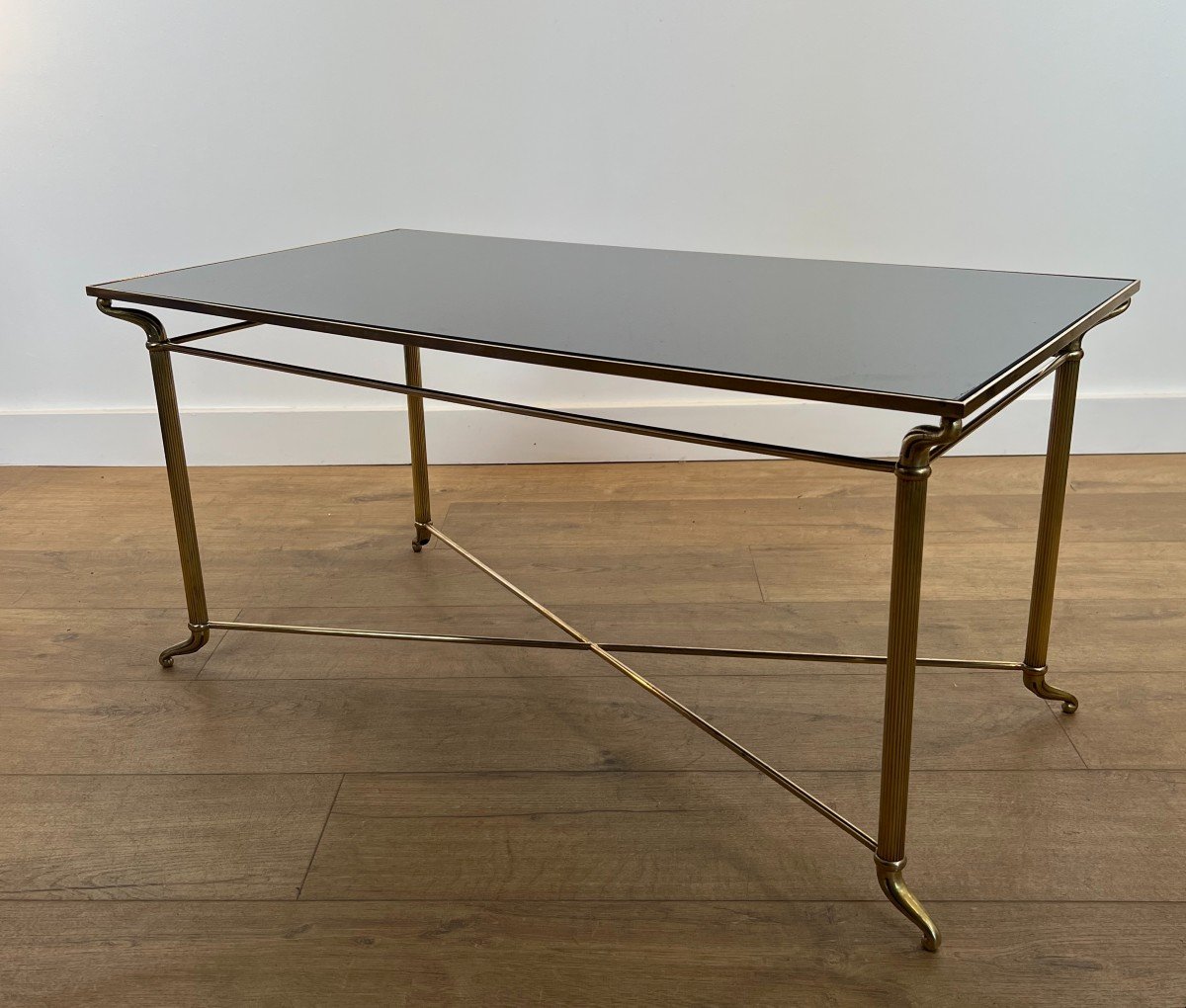 Rectangular Brass Coffee Table With Black Lacquered Glass Top. French Work In The Style Of Mais-photo-8