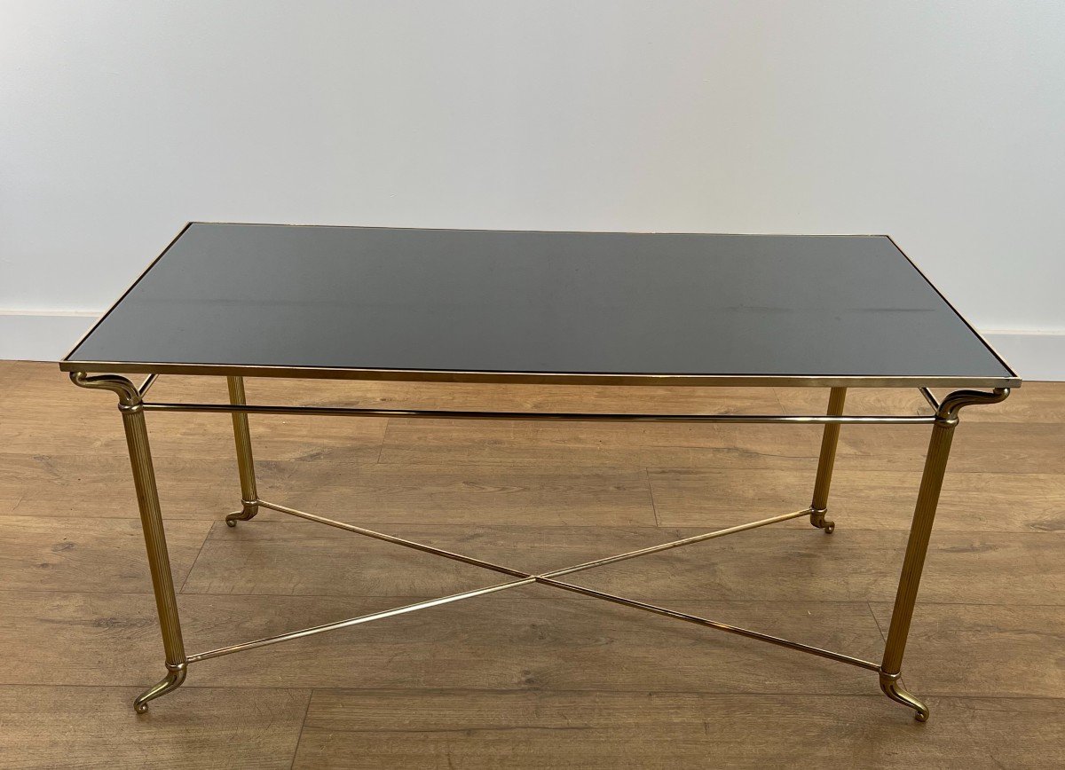 Rectangular Brass Coffee Table With Black Lacquered Glass Top. French Work In The Style Of Mais