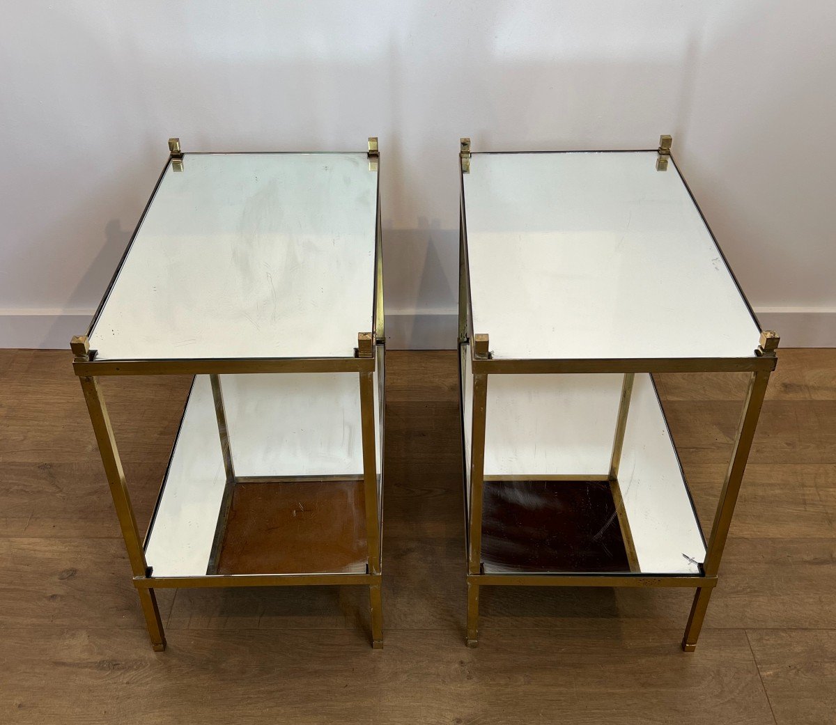 Pair Of Gilt Brass Side Tables With Mirror Tops. Gfrench Work. Circa 1970-photo-4