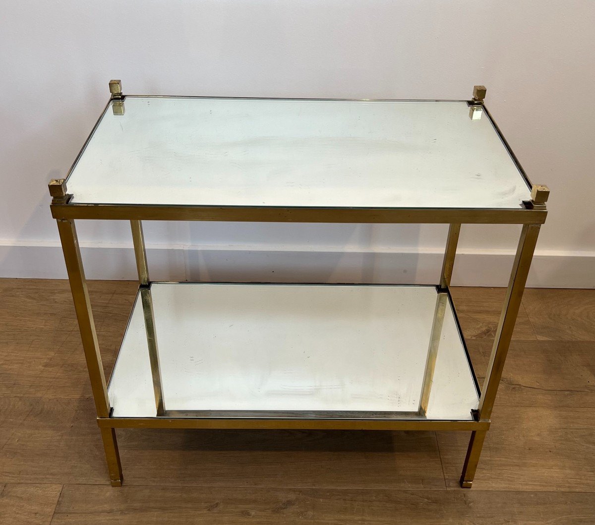 Pair Of Gilt Brass Side Tables With Mirror Tops. Gfrench Work. Circa 1970-photo-2