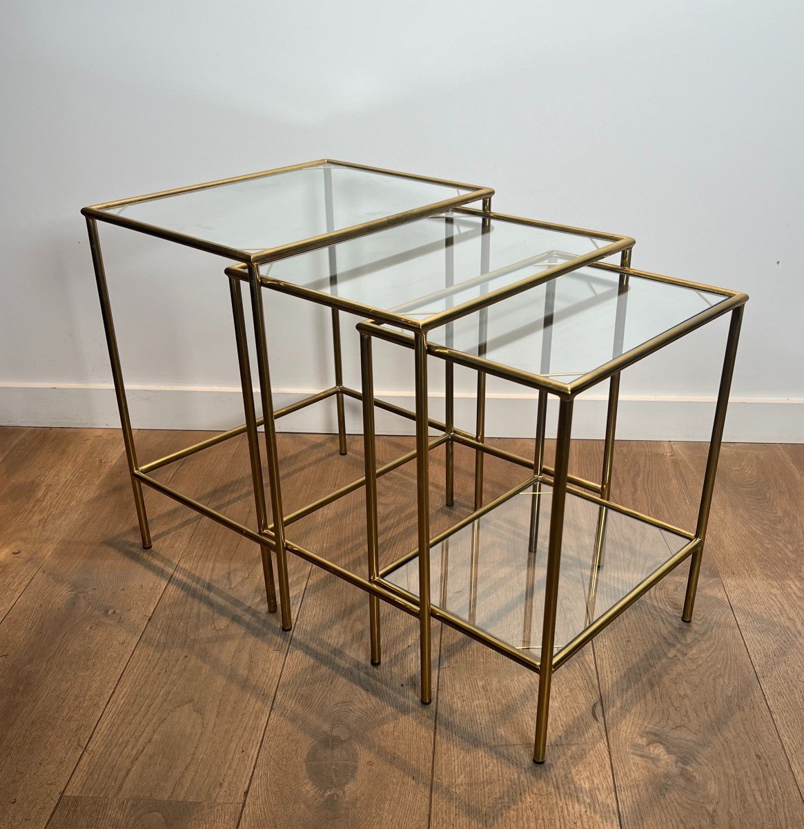 Neoclassical Style Brass Nesting Tables. French Work. Circa 1940-photo-3