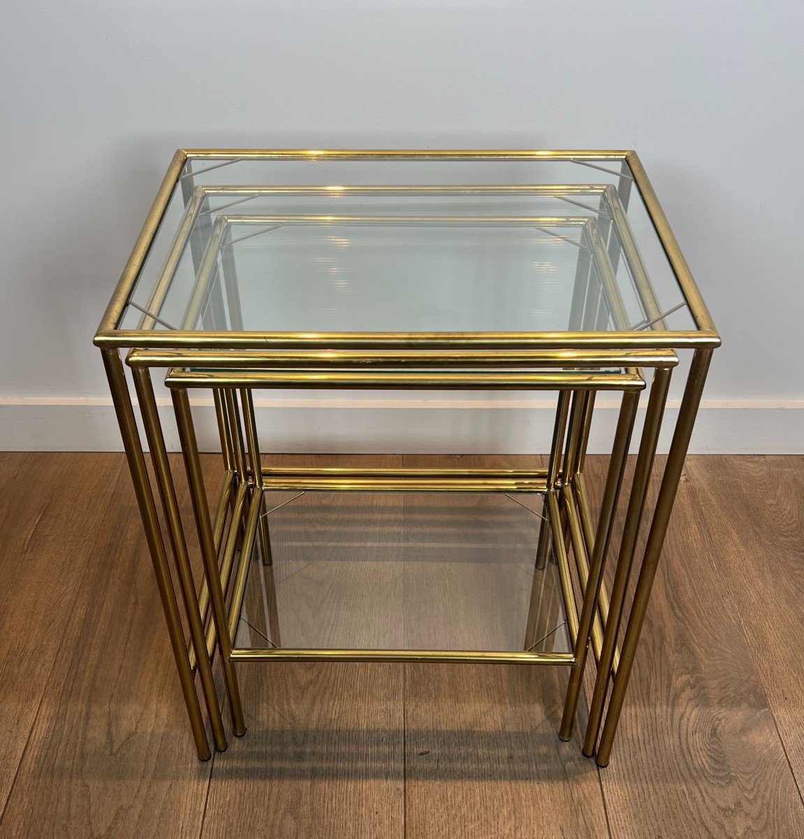 Neoclassical Style Brass Nesting Tables. French Work. Circa 1940-photo-4