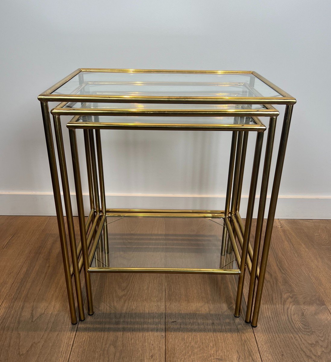 Neoclassical Style Brass Nesting Tables. French Work. Circa 1940-photo-5