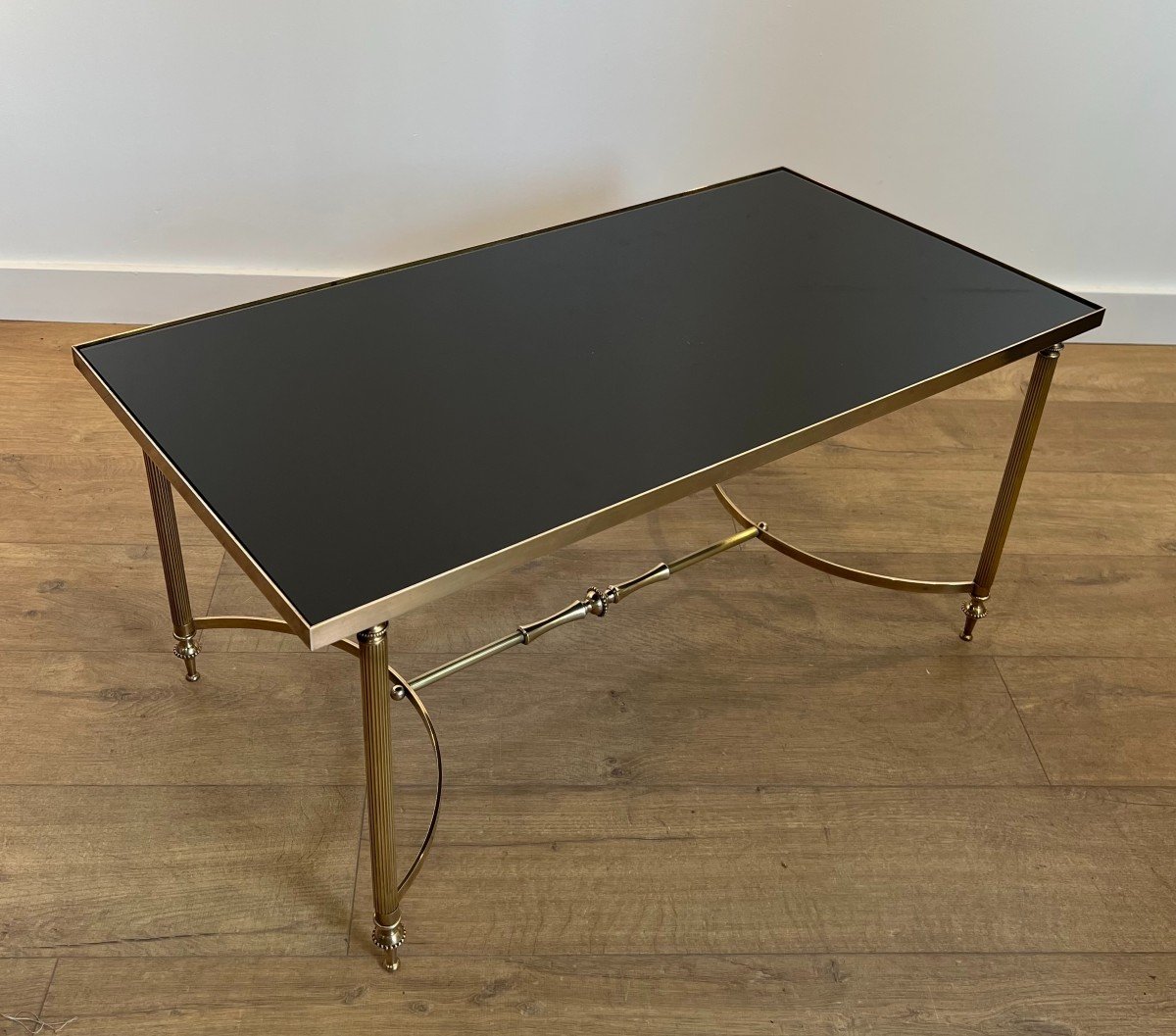 Rectangular Brass Coffee Table With Black Lacquered Glass Top By Maison Jansen-photo-2