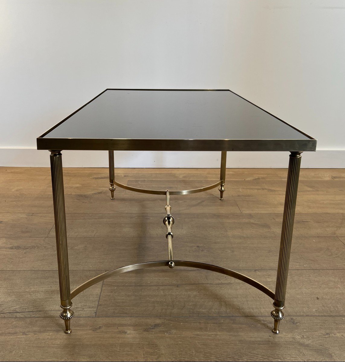 Rectangular Brass Coffee Table With Black Lacquered Glass Top By Maison Jansen-photo-2