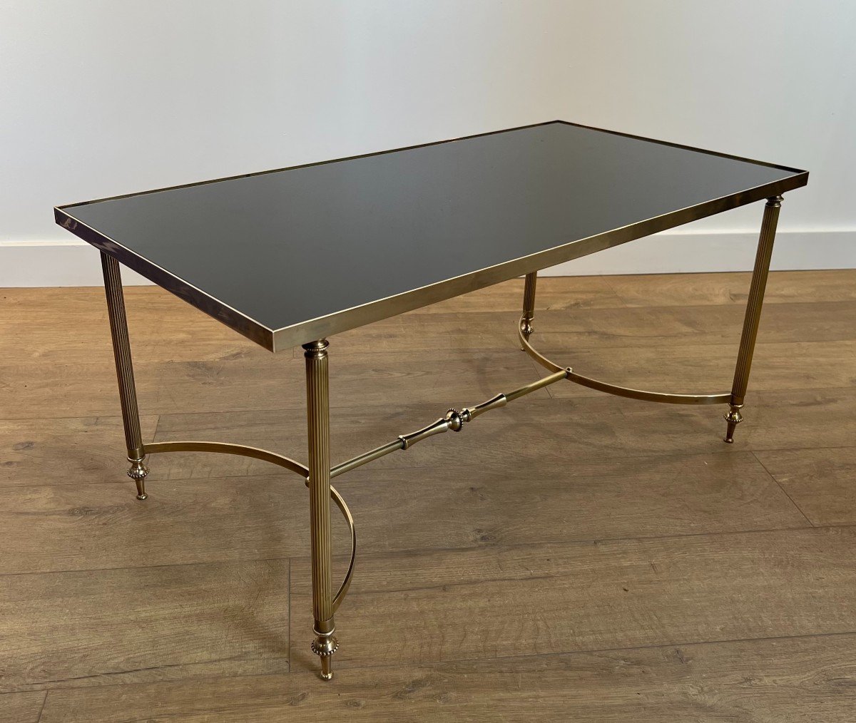 Rectangular Brass Coffee Table With Black Lacquered Glass Top By Maison Jansen