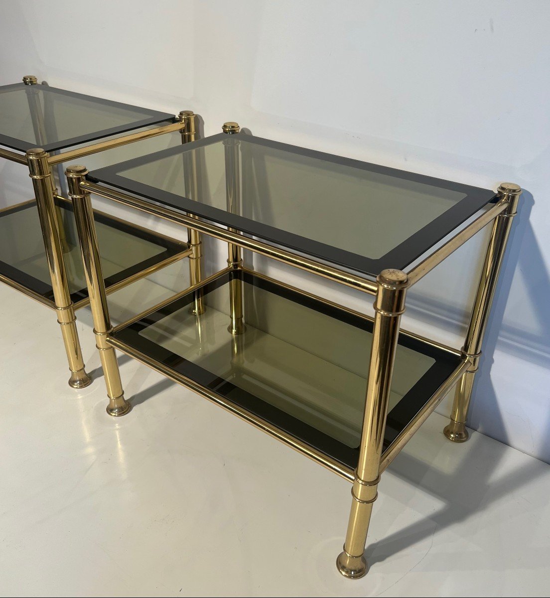 Pair Of Brass Side Tables With Smoked Glass Shelves. French Work. Circa 1970-photo-3