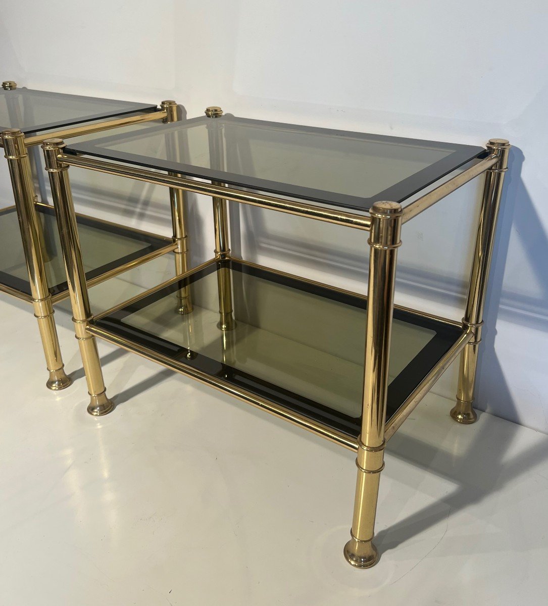 Pair Of Brass Side Tables With Smoked Glass Shelves. French Work. Circa 1970-photo-4