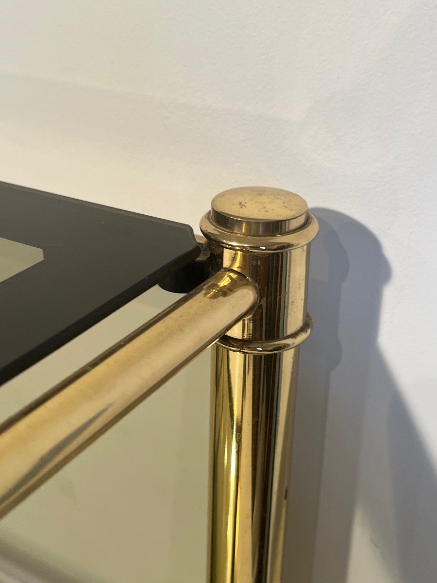 Pair Of Brass Side Tables With Smoked Glass Shelves. French Work. Circa 1970-photo-3