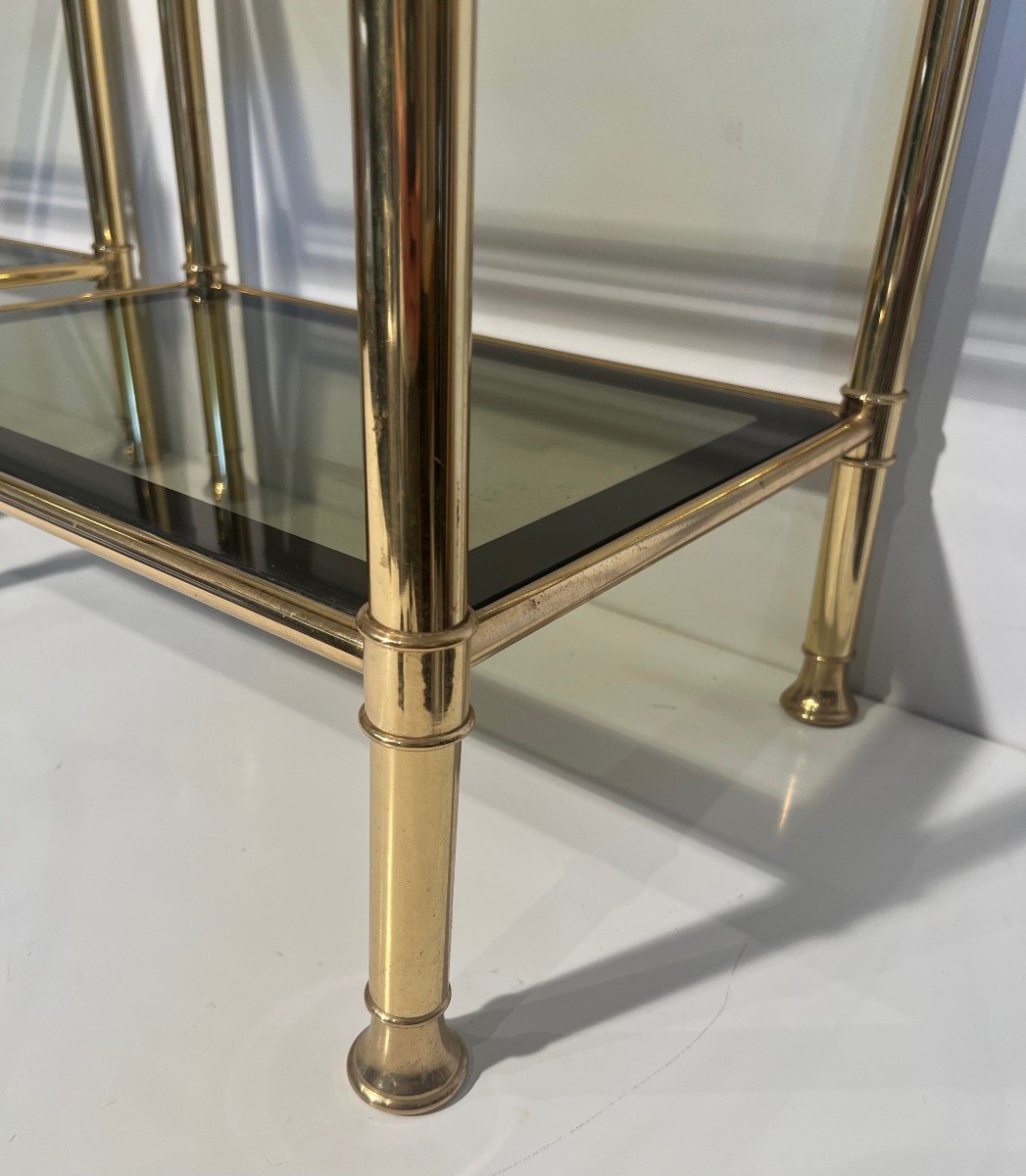 Pair Of Brass Side Tables With Smoked Glass Shelves. French Work. Circa 1970-photo-4