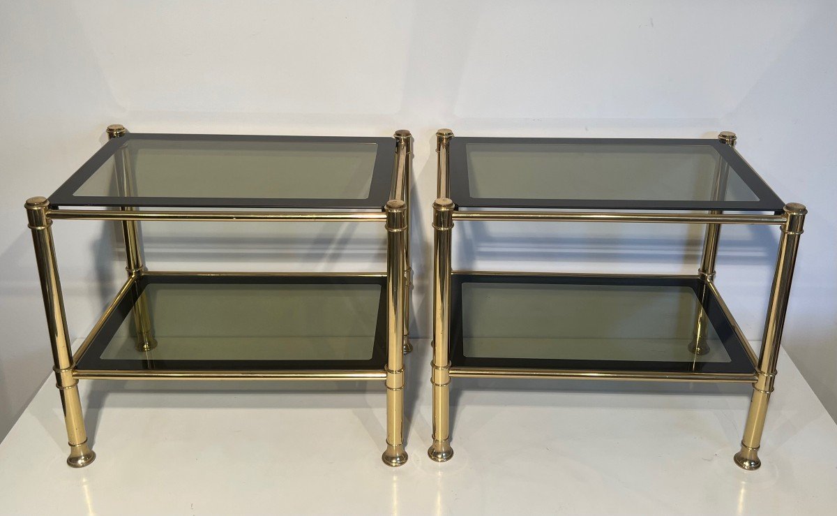 Pair Of Brass Side Tables With Smoked Glass Shelves. French Work. Circa 1970-photo-6