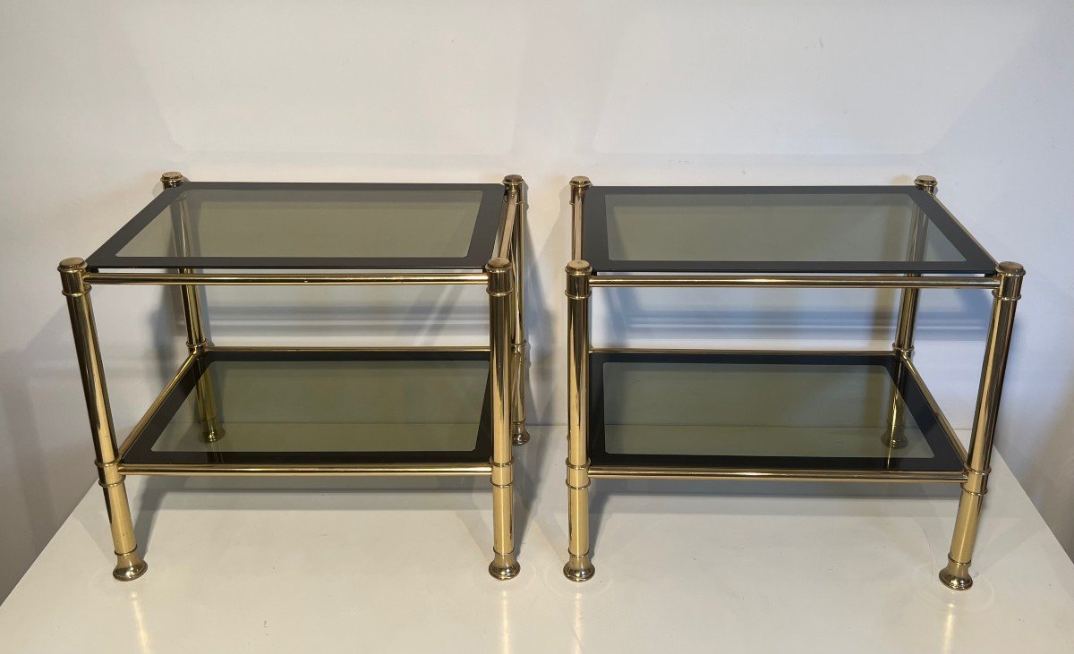 Pair Of Brass Side Tables With Smoked Glass Shelves. French Work. Circa 1970