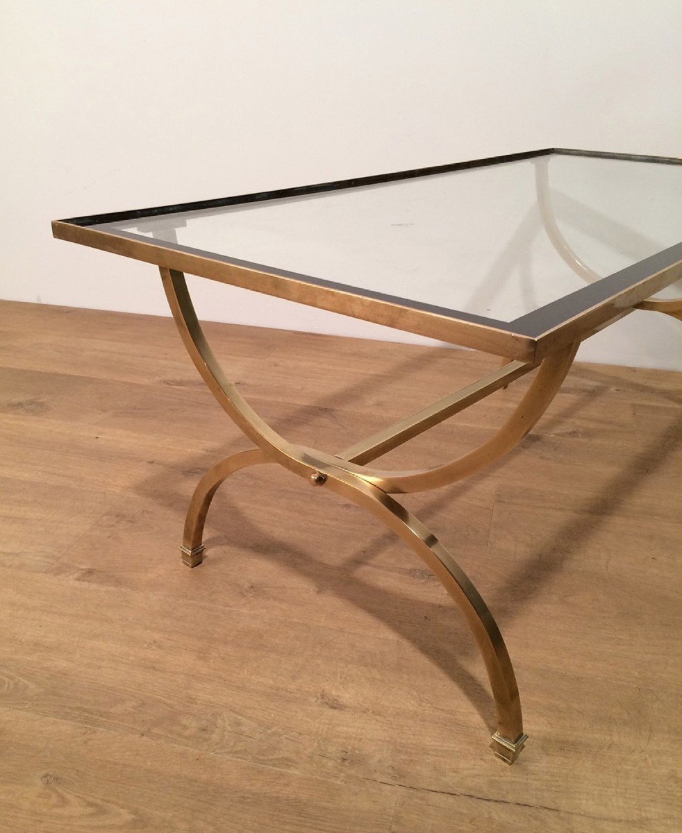 Rectangular Brass Coffee Table With Clear Glass Top Surrounded With Black Lacquered Edges.-photo-2