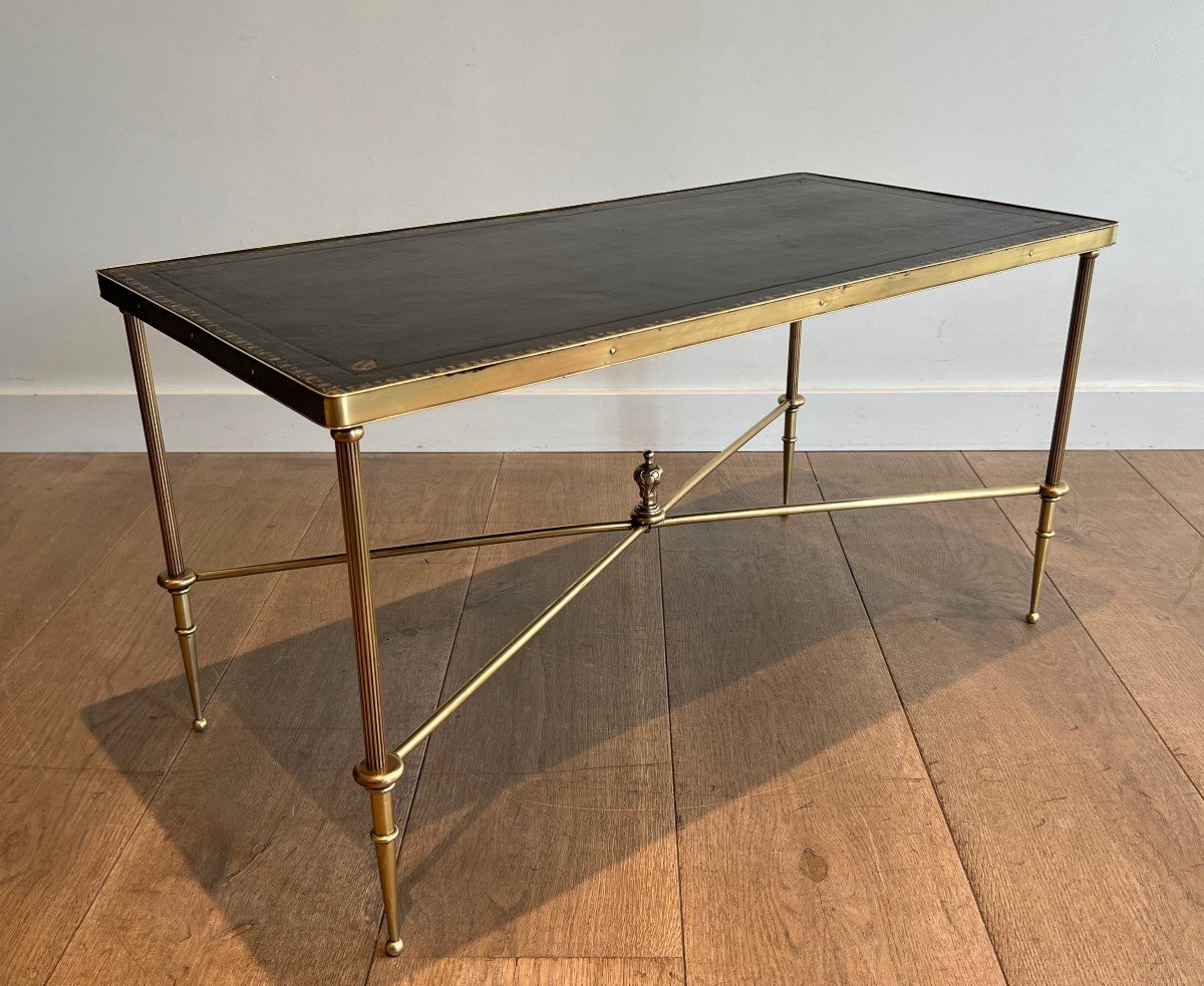 Neoclassical Style Brass Coffee Table With Black Leather Top. French Work By Maison Jansen. Cir-photo-2