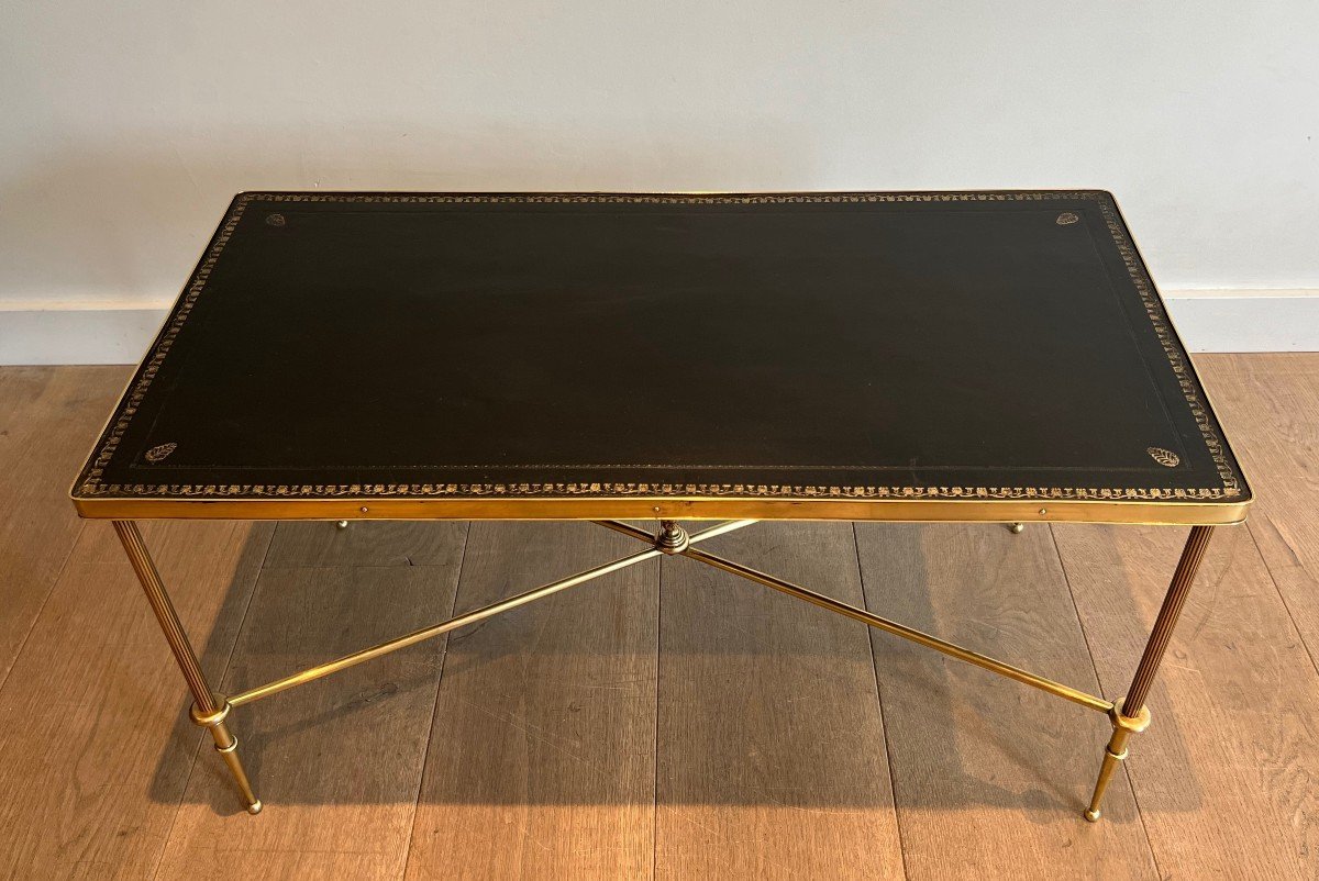 Neoclassical Style Brass Coffee Table With Black Leather Top. French Work By Maison Jansen. Cir-photo-3