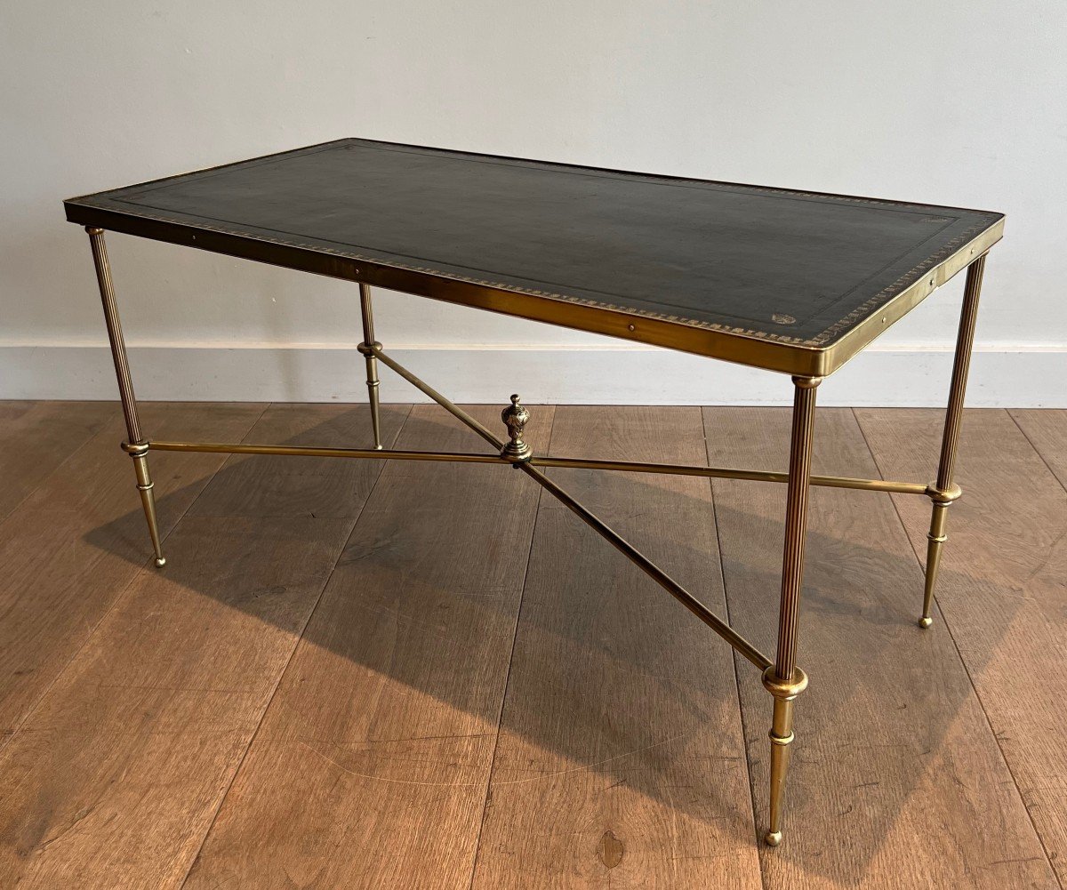 Neoclassical Style Brass Coffee Table With Black Leather Top. French Work By Maison Jansen. Cir-photo-8