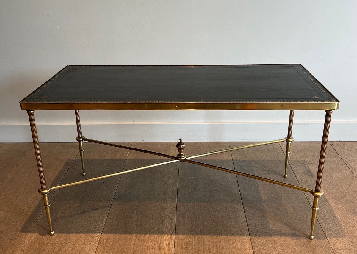 Neoclassical Style Brass Coffee Table With Black Leather Top. French Work By Maison Jansen. Cir