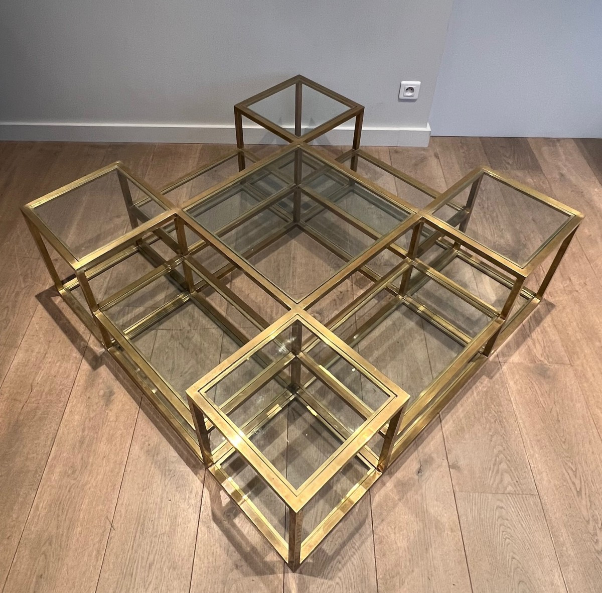 Important French Multi-level Brass Coffee Table. Circa 1970-photo-3