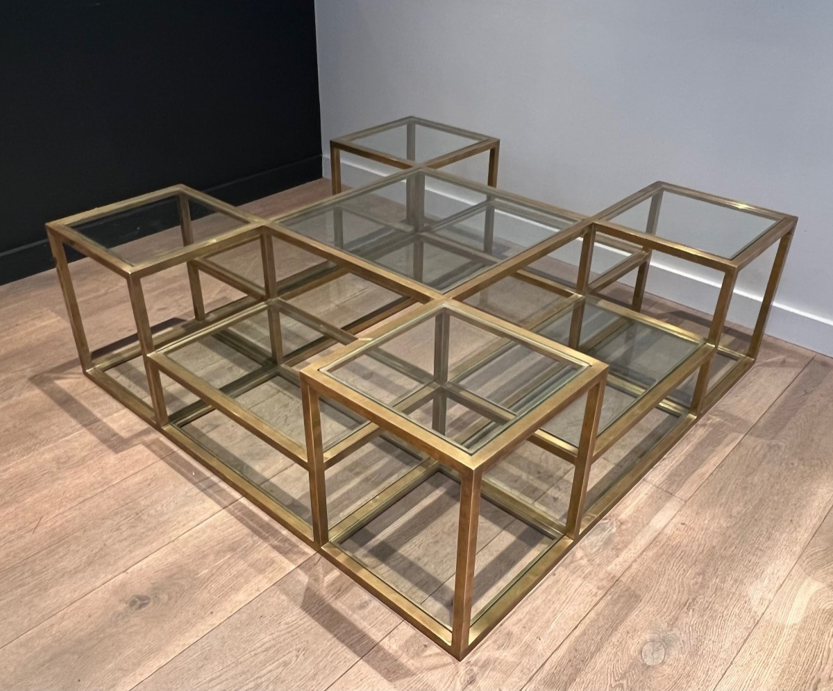 Important French Multi-level Brass Coffee Table. Circa 1970-photo-4