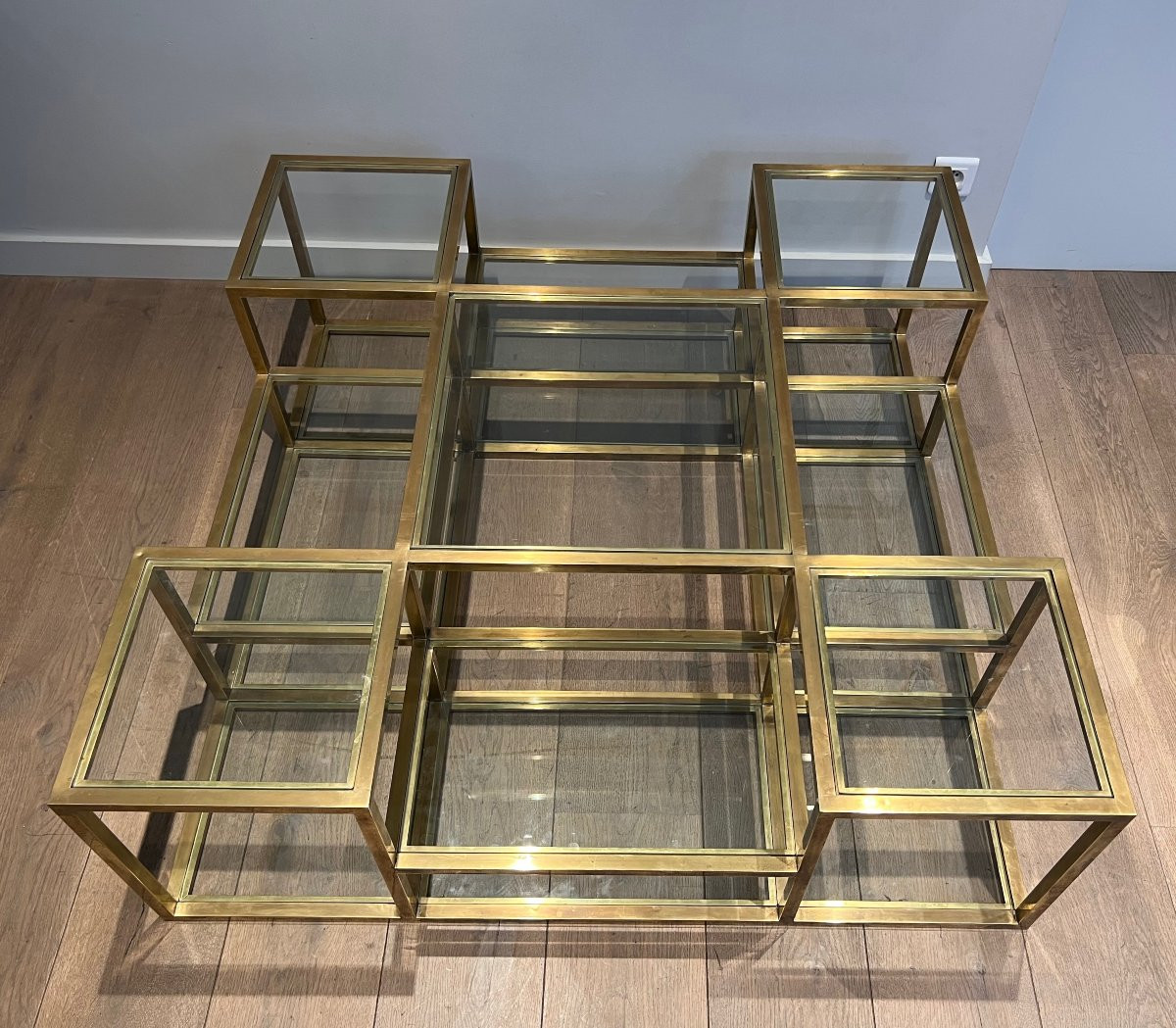 Important French Multi-level Brass Coffee Table. Circa 1970-photo-1