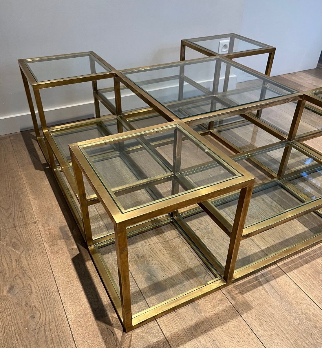 Important French Multi-level Brass Coffee Table. Circa 1970-photo-3