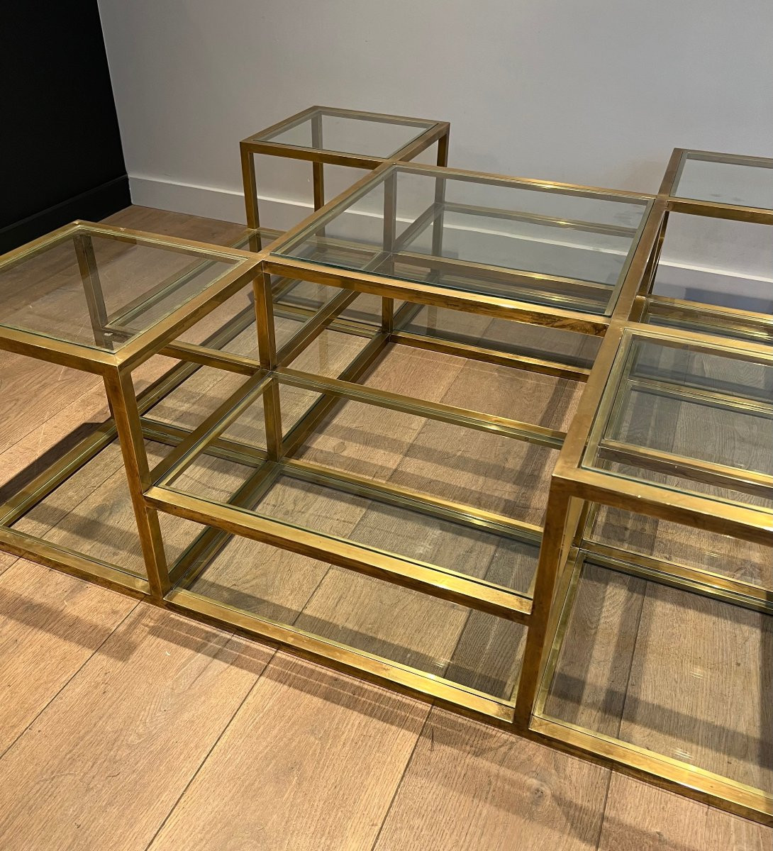 Important French Multi-level Brass Coffee Table. Circa 1970-photo-6