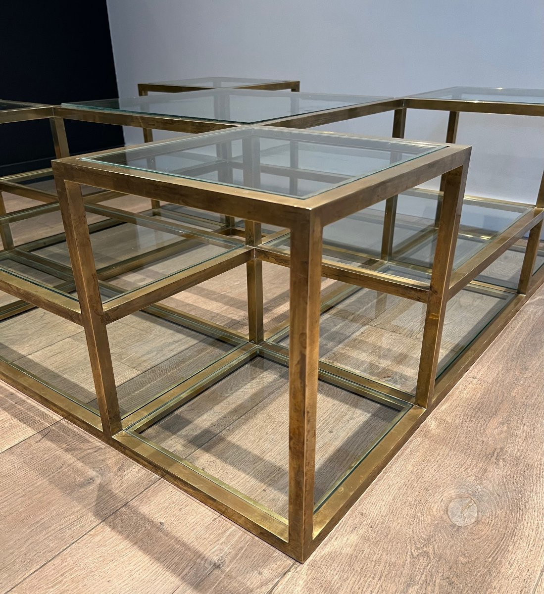 Important French Multi-level Brass Coffee Table. Circa 1970-photo-7