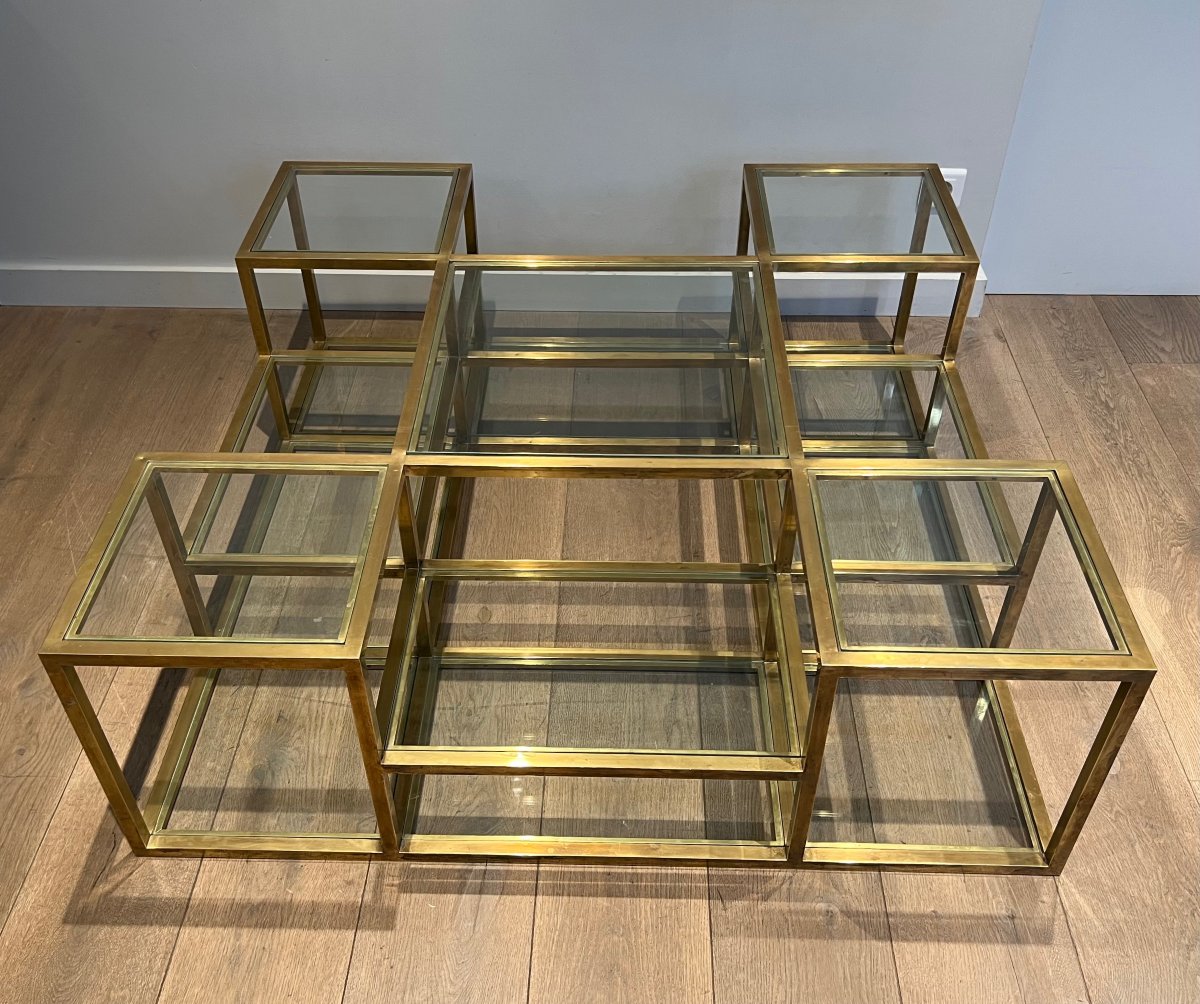 Important French Multi-level Brass Coffee Table. Circa 1970-photo-8