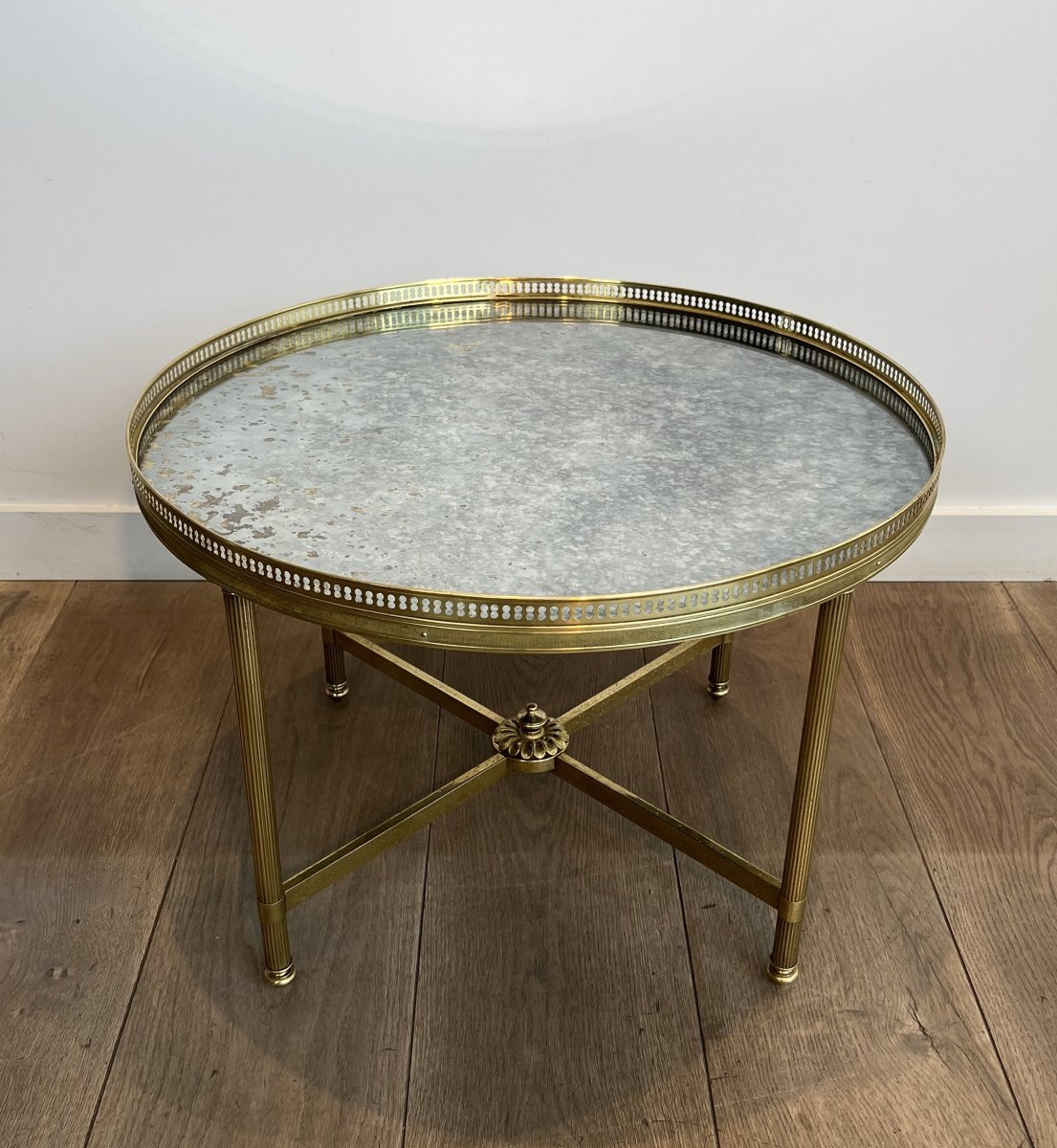 Neoclassical Style Round Brass Coffee Table With Faux-antiques Mirror. French Work -photo-3