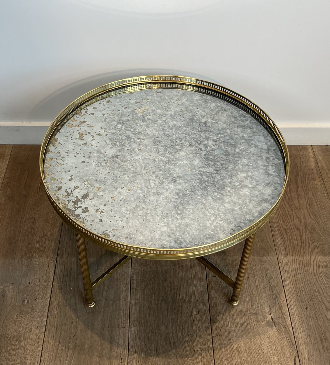 Neoclassical Style Round Brass Coffee Table With Faux-antiques Mirror. French Work -photo-4