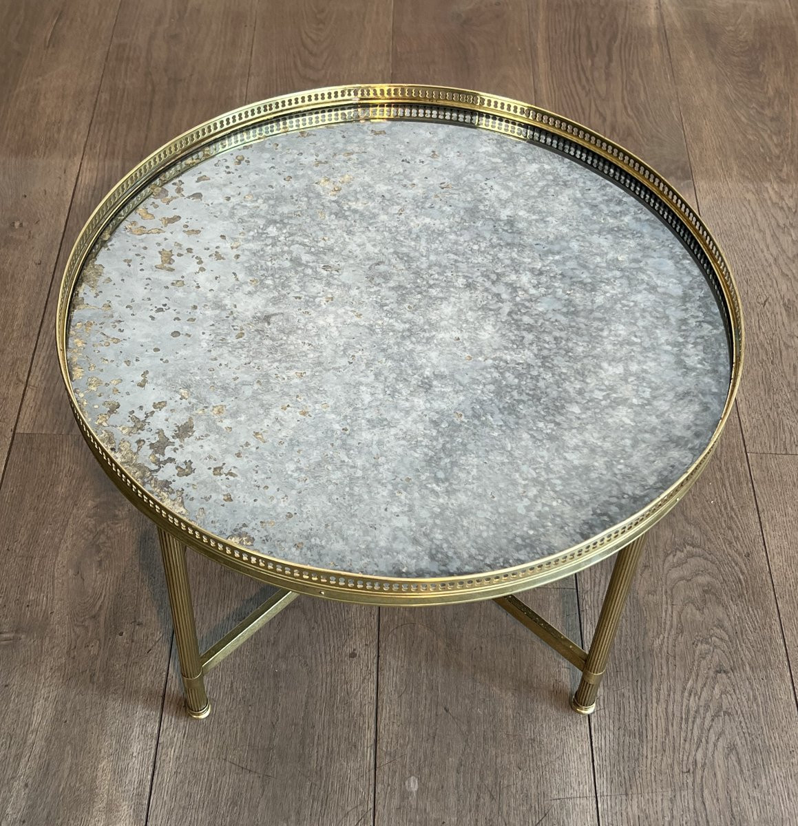 Neoclassical Style Round Brass Coffee Table With Faux-antiques Mirror. French Work -photo-1