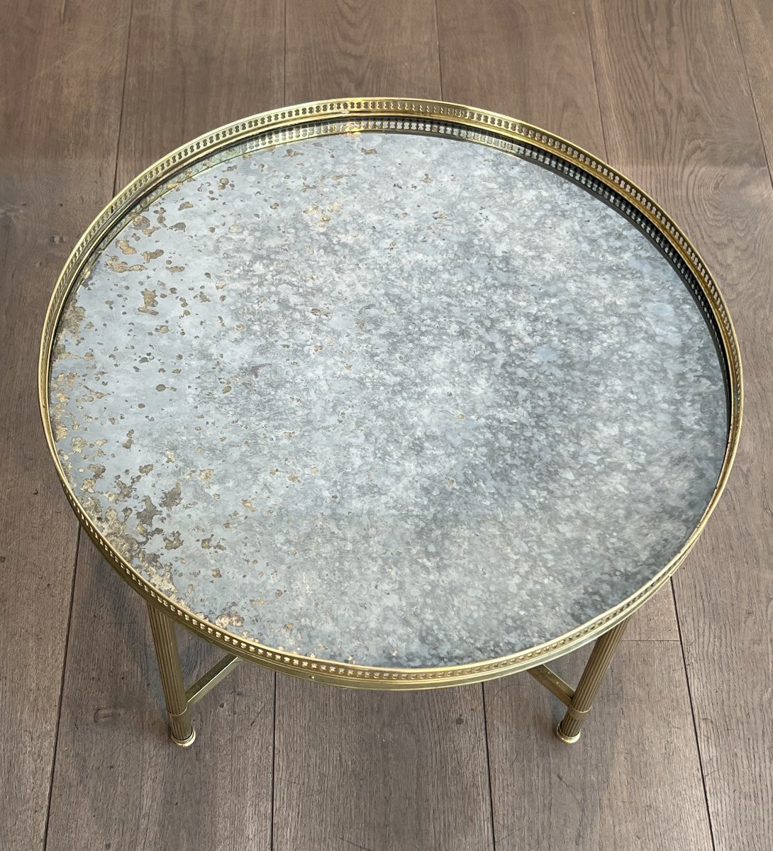 Neoclassical Style Round Brass Coffee Table With Faux-antiques Mirror. French Work -photo-2