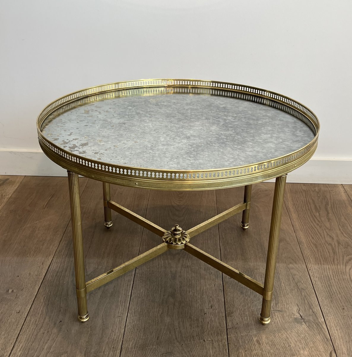 Neoclassical Style Round Brass Coffee Table With Faux-antiques Mirror. French Work -photo-8