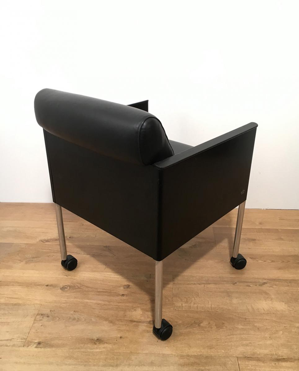 Rosenthal. Suite 4 Armchairs Leather And Metal Gloss Black. Around 1970-photo-3