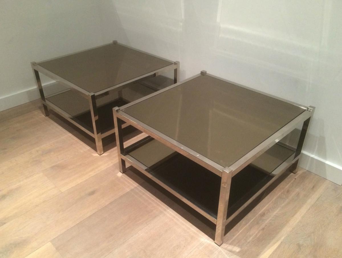 Pair Of Large Chrome Sofa Tips And Bronze Mirrors. About 1970