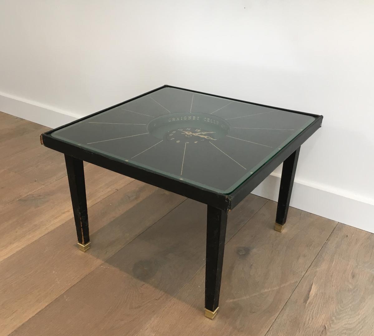 In The Style Of Jacques Adnet. Rare Black Leather And Brass Small Clock Table. French. Cir-photo-3